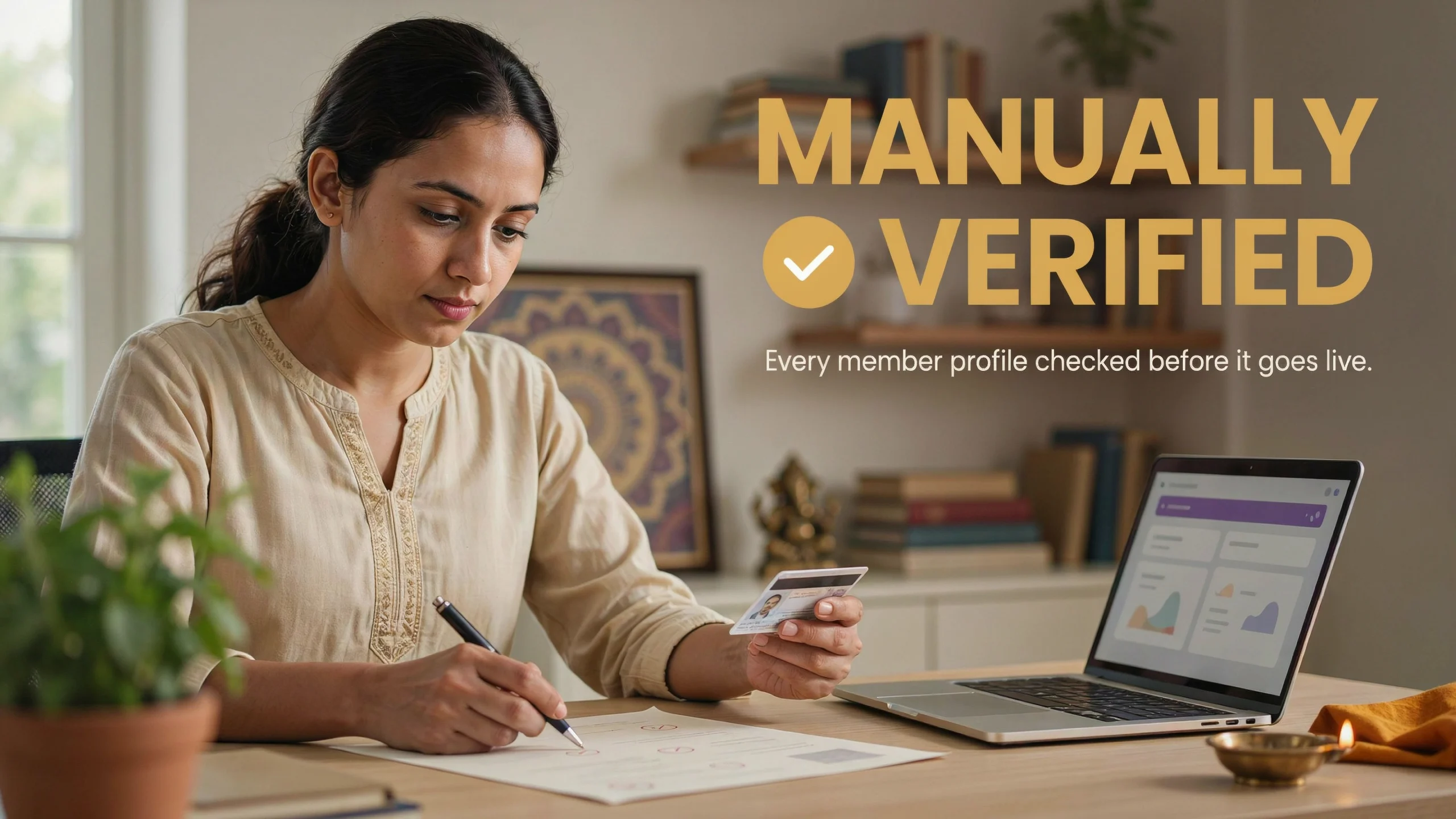 Photograph: a woman at a desk checking an identity card against a printed form, a laptop showing a dashboard beside her. Headed "Manually verified", with the line "Every member profile checked before it goes live."